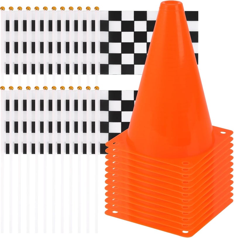 ZICRO Mini Traffic Cones（With Hole on Top）with Racing Checkered Flags, Sports Safety Cones for Soccer Cones and Basketball Practice Equipment - Mini Orange Cones for Soccer Practice and Small Driving Practice Cones.Race Car Birthday Party Supplies, Kids Gift. (12PCS Cones) - Image 1